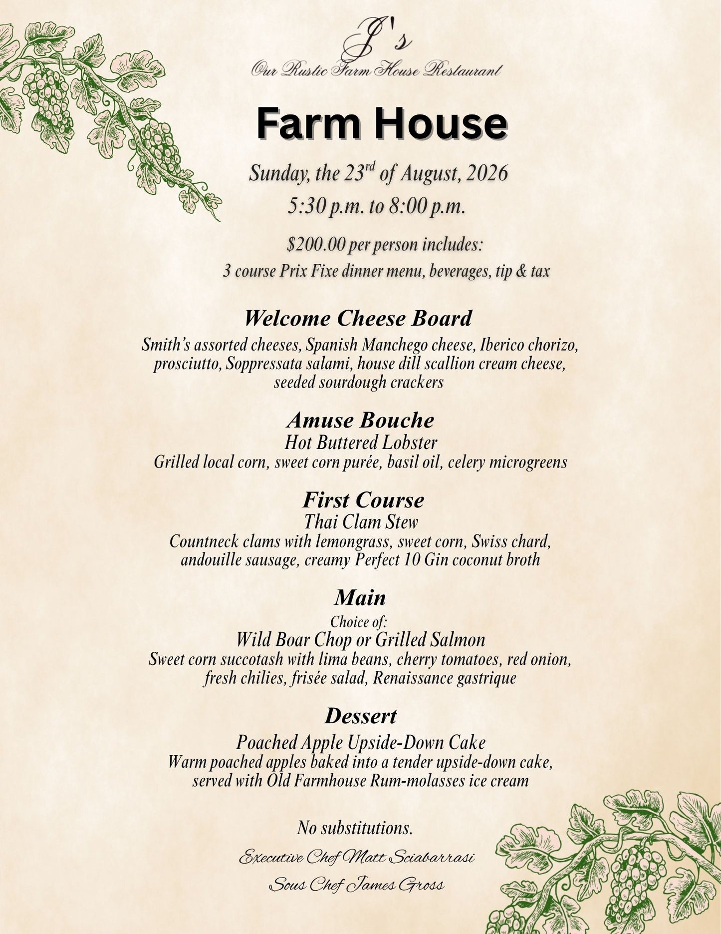 Farm House Dinner - Sunday, August 23rd, 5:30pm