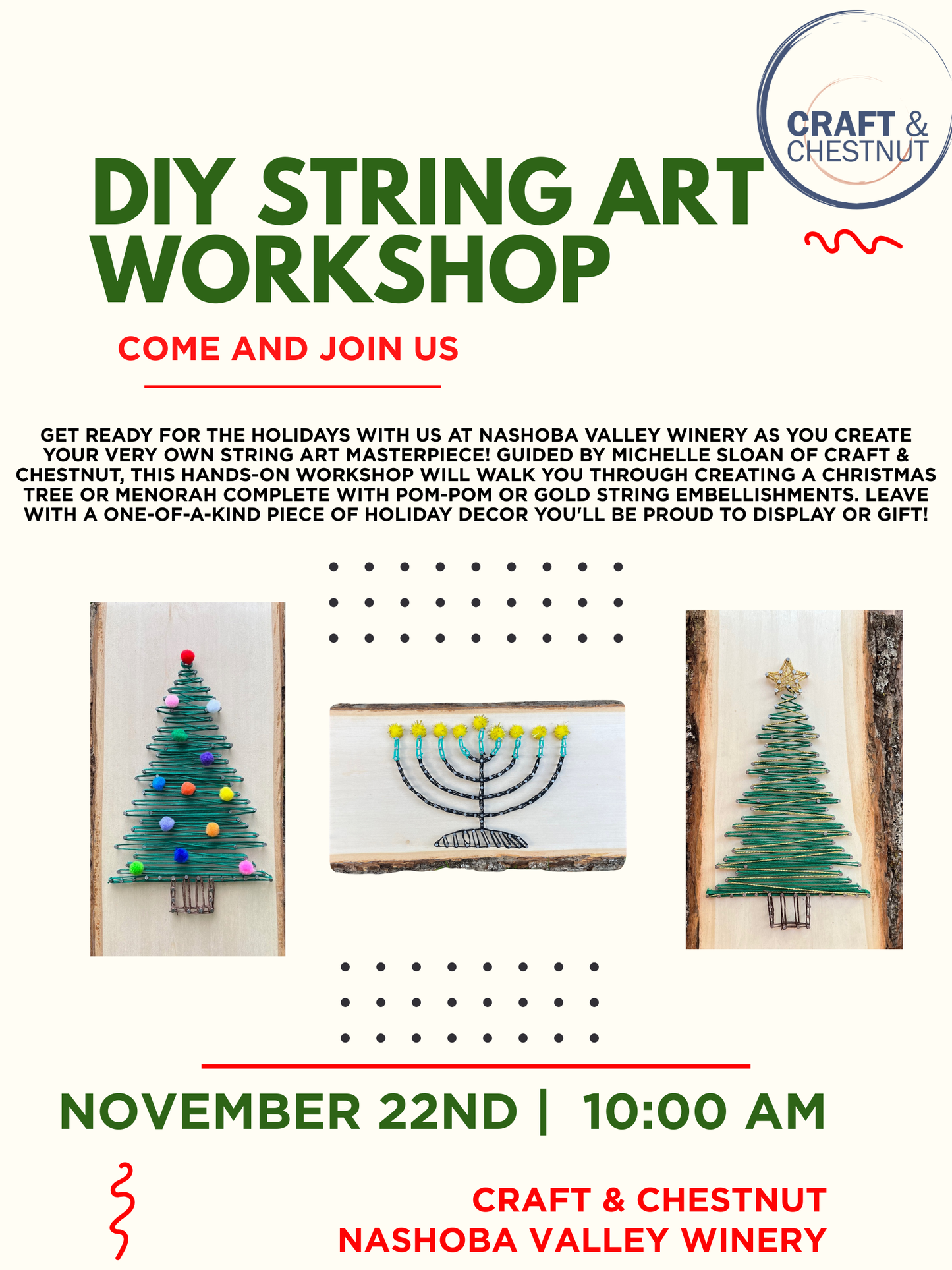 DIY Holiday String At Workshop  - Saturday, November 22nd, 10am-12pm
