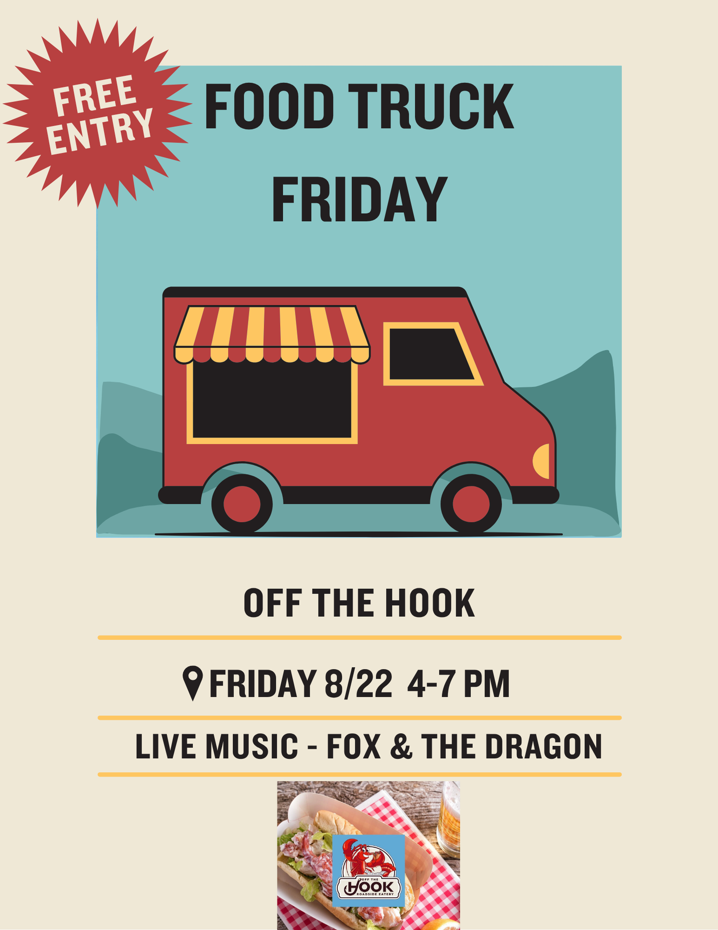 Food Truck Friday, Off the Hook, August 22nd, 4pm-7pm