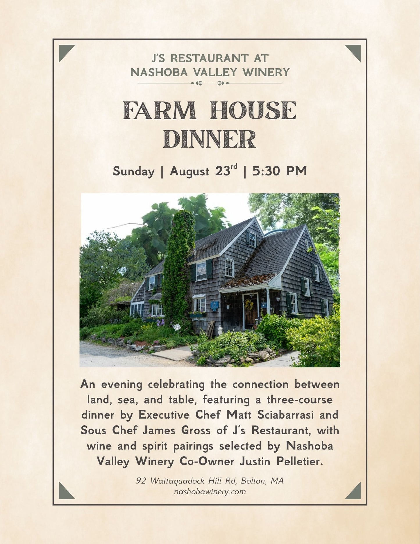 Farm House Dinner - Sunday, August 23rd, 5:30pm